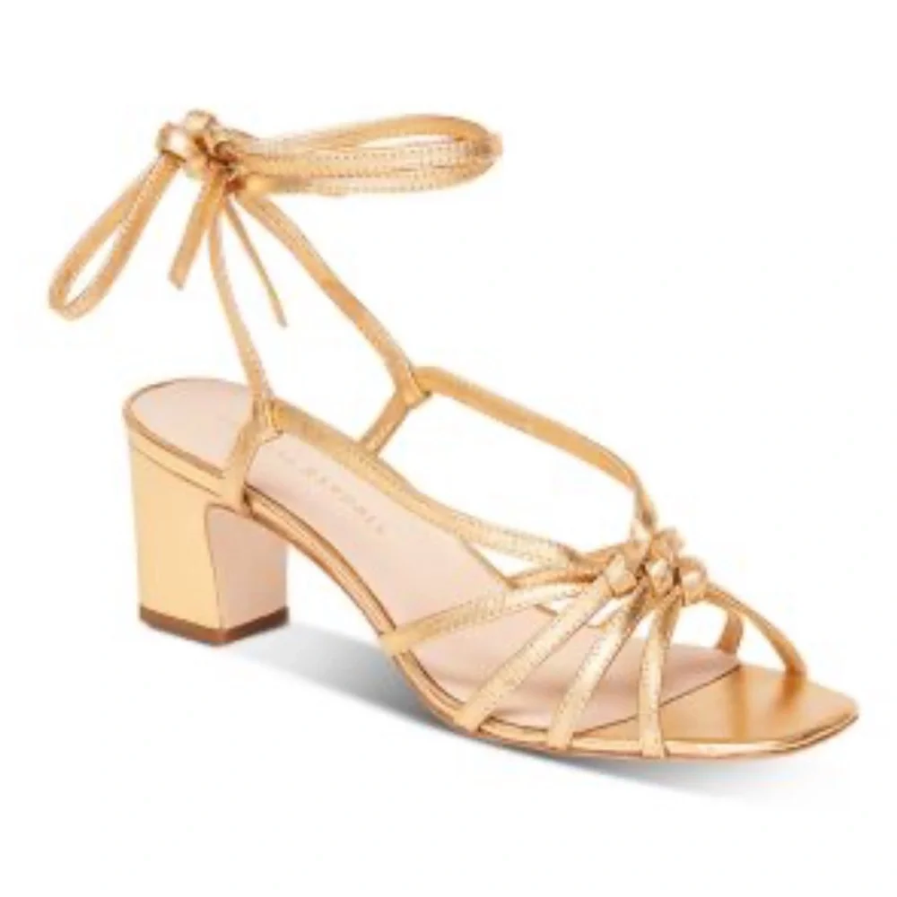 Loeffler Randall Metallic Gold Strappy Block Heel Sandals